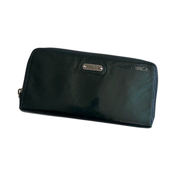 PERLINA Deep Green Patent Leather Zip Around Clutch Wallet - Picture 2 of 9